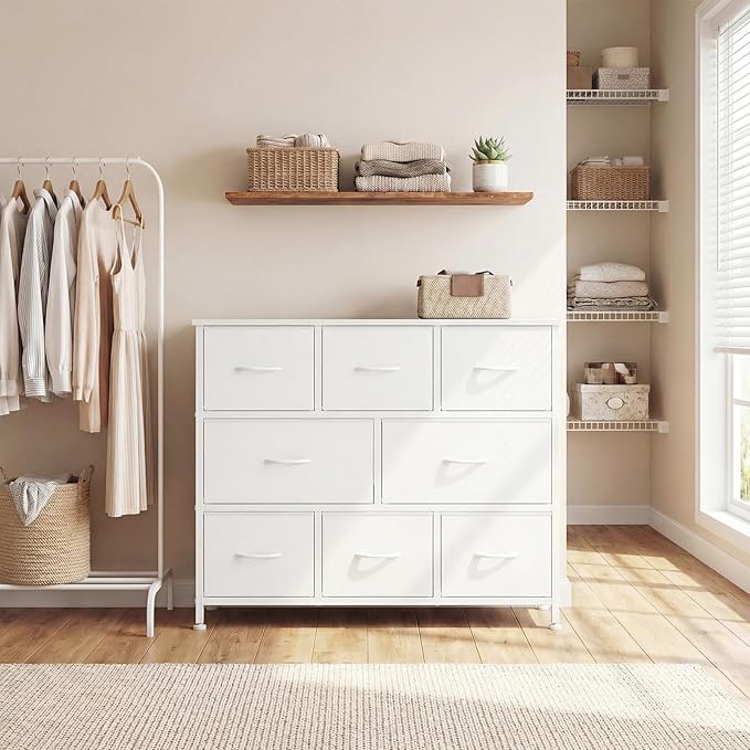DUMOS TV Stand, Dresser with 8 Fabric Drawers, Spacious Storage Tower for Closet, TV Stand with Wood Top and Mental Frame, Storage Unit for Living Rooms, Bedroom and Entryway, White
