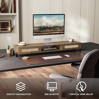 Fenge Dual Monitor Stand for Desk - Long Wooden Riser With Rattan Woven Drawer, 2 Tier Desk Shelf for 2 Monitors, Vintage Computer Stand for Laptop, Printer, TV