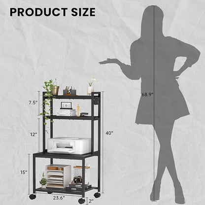 Printer Stand with Charging Station, 4-Tier Printer Stand with Storage, Large Tall Printer Table with Wheels for Home Office, Kitchen, Living Room, PrinterCart Beside Desk for Printer, Scanner Black