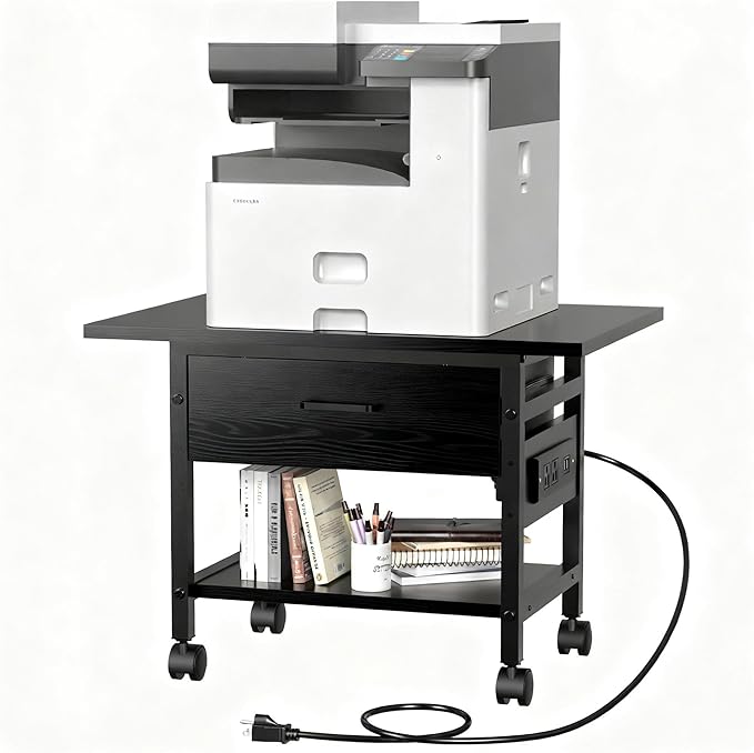 Aetheris Heavy-Duty Printer Stand with Locking Wheels, 2 -Tier Under Desk Table with Storage Drawer, Large Rolling Cart, Printer Table, Fits Printer Scanner Fax Machine (Black)