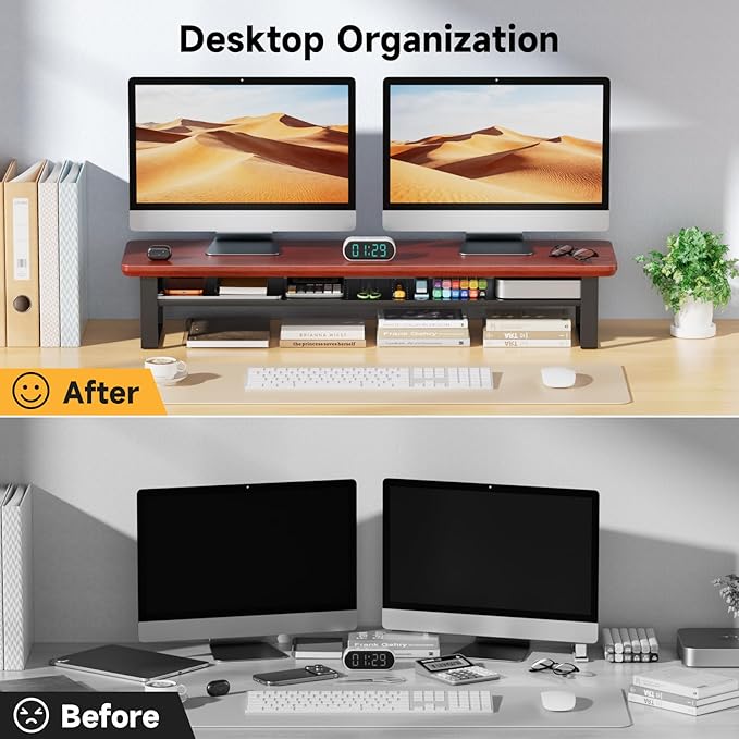 Dual Monitor Stand, 35.4 Inch Monitor Stand Riser for 2 Monitors, 2 Tiers Wood Desk Shelf with Storage, Desktop Organizer Stand for Computer, Laptop, Printer, TV (Reddish Brown, 35.4in)