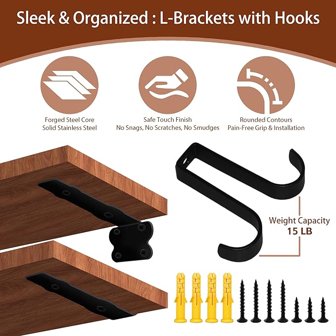 SOGAL 6 Inch Black Brackets | Heavy Duty | 4 Hooks Floating Shelf Bracket for Garage Storage - 150LB Capacity, Utility Hooks Included
