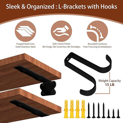 SOGAL 6 Inch Black Brackets | Heavy Duty | 4 Hooks Floating Shelf Bracket for Garage Storage - 150LB Capacity, Utility Hooks Included