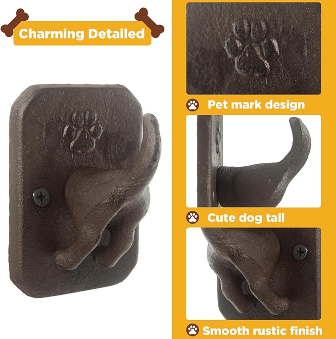 Cast Iron Dog Tail Heavy Duty Hooks, Rustic Wall Garage Hook, Decorative Puppy Leash Holder for Farmhouse Entryway Tool Shed Hanging Coat, Keys