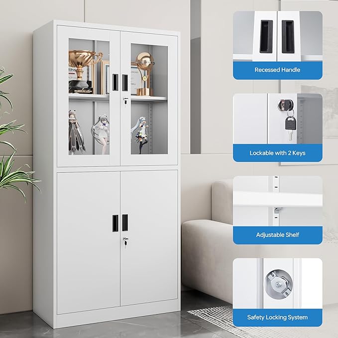 Display Storage Cabinet with Glass Door, 71 Inches Metal Curio Cabinet with 2 Adjustable Shelves, Locking Glass Display Case for Home, Office, Clinic, Pantry, Assemble Required(White)