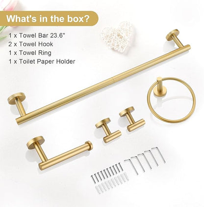 TQKAG 5 Piece Bathroom Accessories Set Brushed Gold Bathroom Hardware Set 23.6 Inch Bath Towel Bar Set SUS304 Stainless Steel Towel Rack Set