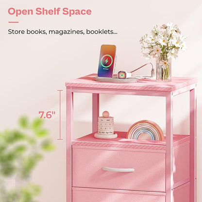 Huuger Nightstand with Charging Station, Side Table with Fabric Drawers, End Table with Open Shelf, Bedside Table with USB Ports and Outlets, Night Stand for Bedroom, Pink