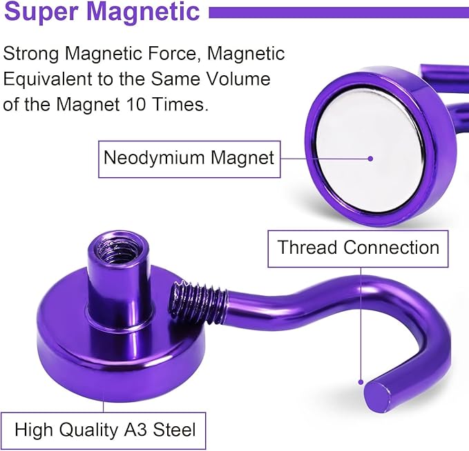 DIYMAG Magnetic Hooks, 30Lbs Strong Heavy Duty Cruise Magnet S-Hook for Classroom, Fridge, Hanging, Cabins, Grill, Kitchen, Garage, Workplace and Office Etc, (10 Pack-Purple)