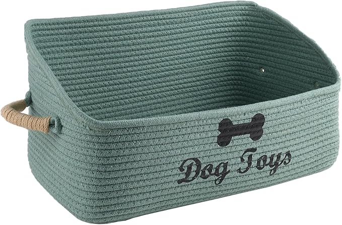 Dog Toy Basket-100% Cotton Rope Dog Toy Bin for Living Room Area-Trapezoid Pet Toys Box with Sturdy Handle-Puppy Bed-Dog Stuff Organizer for Toys,Collar,Leash,Blanket-Chew Proof -Green