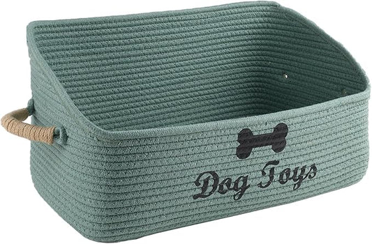 Dog Toy Basket-100% Cotton Rope Dog Toy Bin for Living Room Area-Trapezoid Pet Toys Box with Sturdy Handle-Puppy Bed-Dog Stuff Organizer for Toys,Collar,Leash,Blanket-Chew Proof -Green
