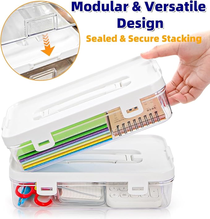 2 Pack Plastic Storage Containers with Lid, Stack & Carry Craft Box with Handle, Multipurpose Office Supplies Organizers, Potable Pencil Storage Bin for Stationery, Crayons, Sewing, Makeup