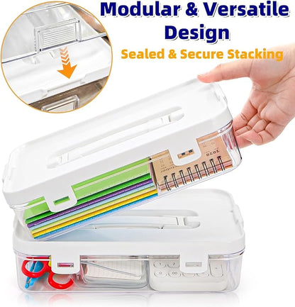 2 Pack Plastic Storage Containers with Lid, Stack & Carry Craft Box with Handle, Multipurpose Office Supplies Organizers, Potable Pencil Storage Bin for Stationery, Crayons, Sewing, Makeup