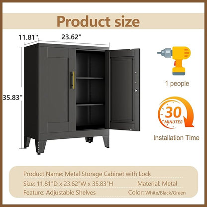 36" Black Metal Storage Cabinet with Lock, Locking Cabinet with 2 Doors and 2 Adjustable Shelves, Bathroom Floor Cabinets, Freestanding Locked File Cabinets for Home/Office/Garage