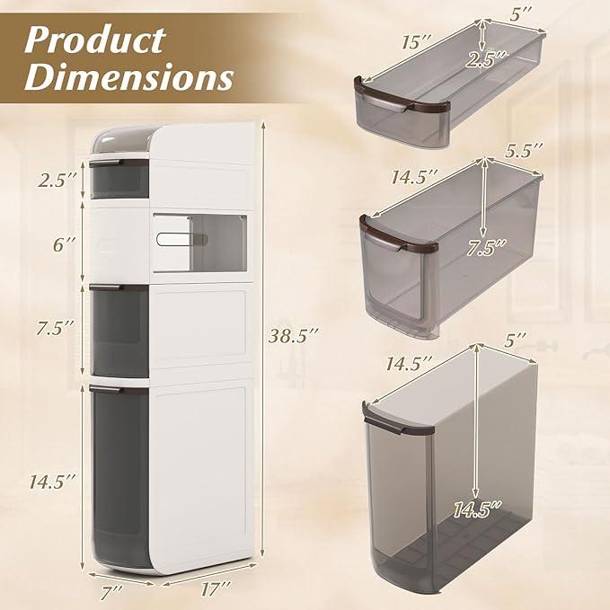Giantex 5-Tiers Narrow Bathroom Storage Cabinet, Slim Rolling Toilet Paper Organizer w/Drawers, Tissue Box, Movable Plastic Storage Cart for Laundry Living Room Kitchen (17” x 7” x 38.5”(5 Tiers))