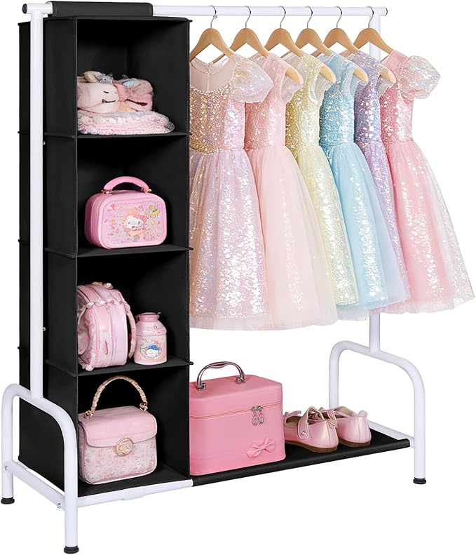 Univivi Kids Dress Up Rack with Hanging Organizer, Kids Wardrobe Closet for Hanging Clothes, Short Toddler Dress Up Storage Rack for Baby Clothes, Dance Costumes, Black/White