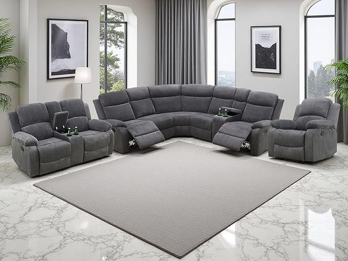 Living Room Furniture Sets, 5PCS Dark Grey Corduroy Fabric Recliner Sectional Sofa Set with Drop-Down Table, Reclining Sofa Couches with 5 Recliner Seats, Cup Holder,Storage Console
