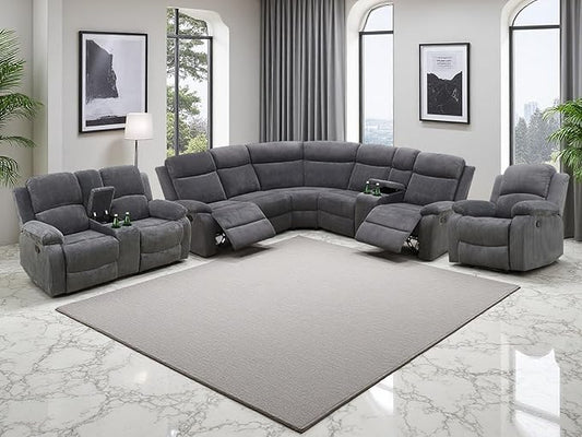 Living Room Furniture Sets, 5PCS Dark Grey Corduroy Fabric Recliner Sectional Sofa Set with Drop-Down Table, Reclining Sofa Couches with 5 Recliner Seats, Cup Holder,Storage Console