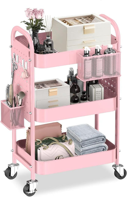 ALVOROG 3 Tier Rolling Cart with DIY Pegboards Metal Utility Cart with Wheels Handles Baskets Hooks, Craft Cart for Office Kitchen Bathroom(Cherry Blossom Pink)