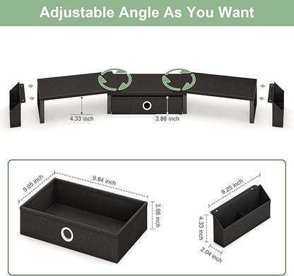 Dual Monitor Stand Riser w/ Drawer & Metal Leg, Large Computer Monitor Riser w/ Storage For 2 Monitors, Desk Shelf For Monitor w/ Adjustable Length & Angle, Desktop Organizer For Laptop/TV/Printer