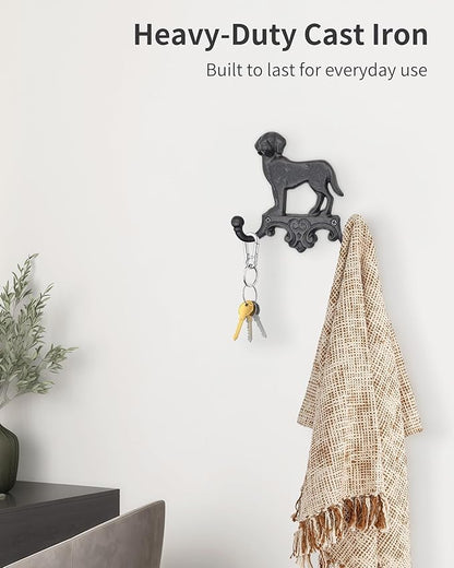 Cast Iron Dog Wall Hooks for Hanging, Heavy Duty Dog Leash Holder for Wall Mount Coat Hooks Decorative Key Hanger Vintage Farmhouse Entryway Cute Animal Decor Rustic Black 1 Pack