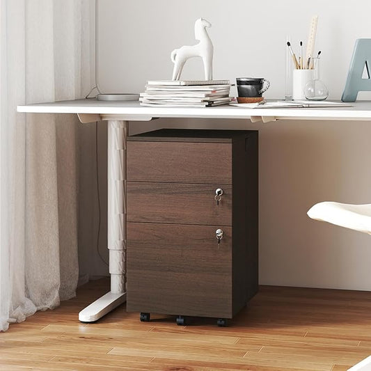 Giantex 3-Drawer File Cabinet with Lock, 27-Inches Storage Cabinet with 2 Side Hooks, Mobile Printer Stand, Wheels, 4 Keys, Vertical Filing Organizer fits Letter/A4 Size for Home Office (Brown)