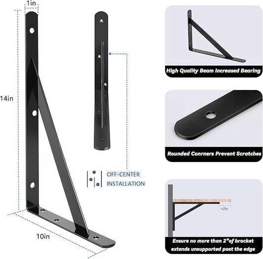 4 Pack L14 x H 10" Heavy Duty Shelf Brackets with Screws Open Floating Shelving Bracket L Brackets Black Metal Shelf Brackets for Shelves, Room, Pantry,Garage