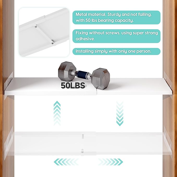 2Pack Expandable Closet Tension Shelves Organizers, Heavy-Duty Metal Tension Shelf, Adjustable Locker Shelf Cabinet for Closets Wardrobe Pantry Cupboard Kitchen Laundry