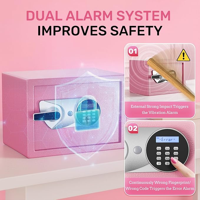 BlackSmith Home Biometric Safe 1.0 Cub Quick Access Fingerprint Lock Box With Keys Keypad Wall Mount Cabinet Safe Secure Money Jewelry with Fireproof Bag Mute Mode LED Light, Pink