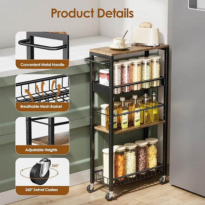 Slim Storage Rolling Cart, 4 Tier Narrow Cart with Wheels, Metal Kitchen Rolling Cart for Small Spaces, Slide Out Storage Shelves for Kitchen, Laundry Room, Bathroom, Living Room, 7.1in(W)