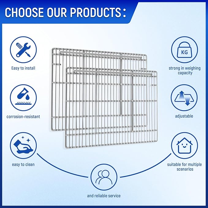 Commercial Sandwich&Salad Prep Table Freezer and Refrigerator Shelves, Durable and Resistant to Corrosion, Easy Snap-On Design, Adjustable Steel Shelving. (19.34" D x 27.52" W x 2.09" H, 2 Pack)