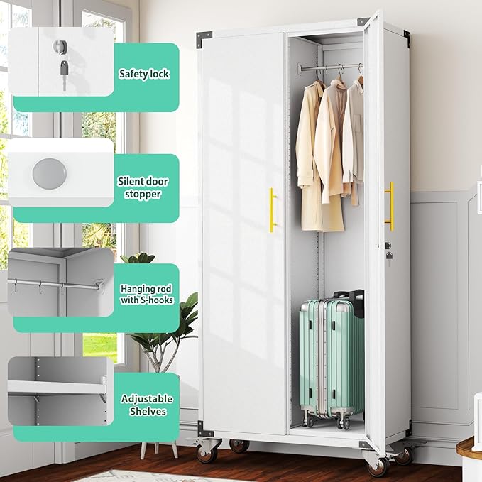 71" Garage Storage Cabinet with Hanging Rod,Lockable Metal Broom Closet Storage Cabinet with 4 Adjustable Shelves for Tools,Garage Home,Office Required Assembly,White