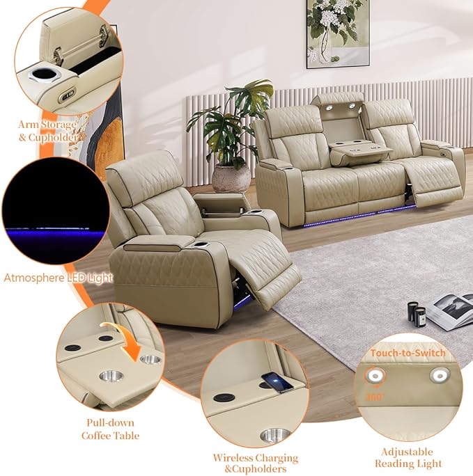 Power Reclining Couch Set for Living Room, Living Room Furniture Sets Include 1 Recliner Chair, 3 Seat Sofa, Soft Leather Khaki Recliner Sofa Furniture Set for Home and Office