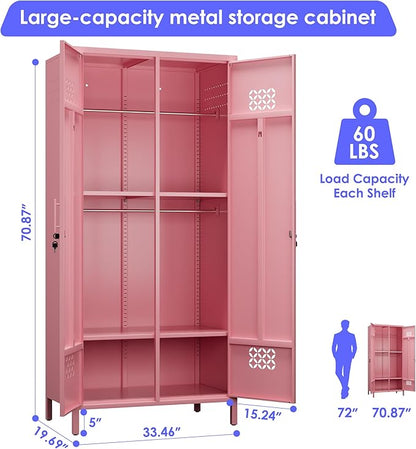 Aobab Metal Wardrobe Closet with 2 Doors, 19" Deep Metal Wardrobe Cabinet with 4 Adjustable Shelves and 2 Hannging Rods, Storage Locker for Home, Pink, Assembly Required