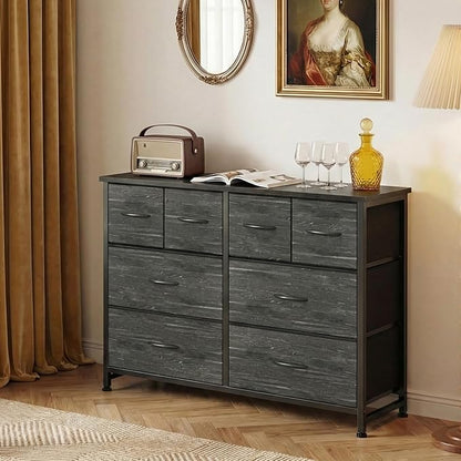 DUMOS TV Stand, Dresser with 8 Fabric Drawers, Spacious Storage Tower for Closet, TV Stand with Wood Top and Mental Frame, Storage Unit for Living Rooms, Bedroom and Entryway, Wood Black