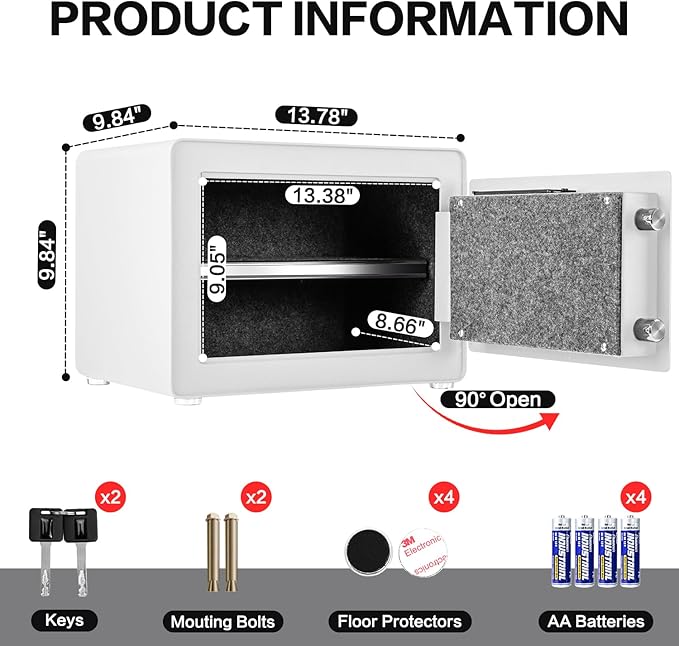 Safe for Home, 1.0 Cubic Feet Small Safe with Removable Shelf, Alarm System, Digital Electronic Security Money Box for Cash, Document, Home, Office, Hotel Use, White, 9.84"D x 13.78"W x 9.84"H