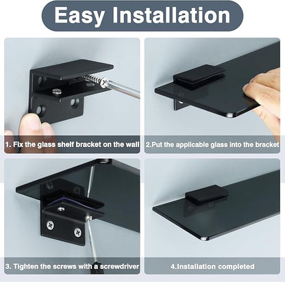 Alise Glass Shelf Brackets Black,Adjustable Shower Glass Clamps, Heavy Duty Clamp Holder, SUS304 Stainless Steel Brackets for 8-12mm Wood/Glass Shelves and Wall-to-Glass Connection,2 Pcs