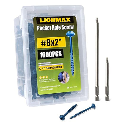 LIONMAX Pocket Hole Screws 2 Inch, 1000 PCS Exterior Pocket Screw #8 x 2, Coarse Thread, Square Drive, Blue Coated Weather Resistant Pocket Hole Screws, 150MM Drive Bit Included
