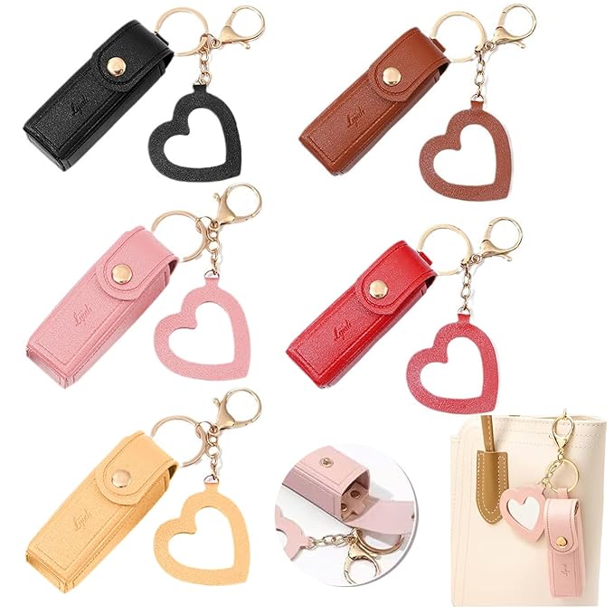 5 PCS Lipstick Holder Keychain PU Leather Potable Chapstick Holder with Mirror Soft Lip-Balm Holder Travel Storage Case, Lipstick Pouch, Mini for Chapstick Perfume Fingernail Polish