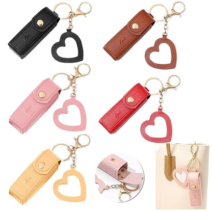 5 PCS Lipstick Holder Keychain PU Leather Potable Chapstick Holder with Mirror Soft Lip-Balm Holder Travel Storage Case, Lipstick Pouch, Mini for Chapstick Perfume Fingernail Polish