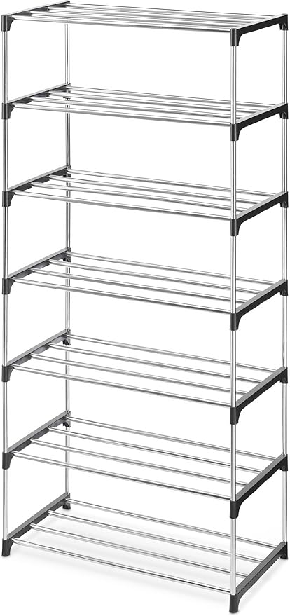 Whitmor 7-Tier Shoe Rack - Small Space Solution - Store up to 14 Pairs of Shoes - Organize Shoes & Accessories - Chrome & Black