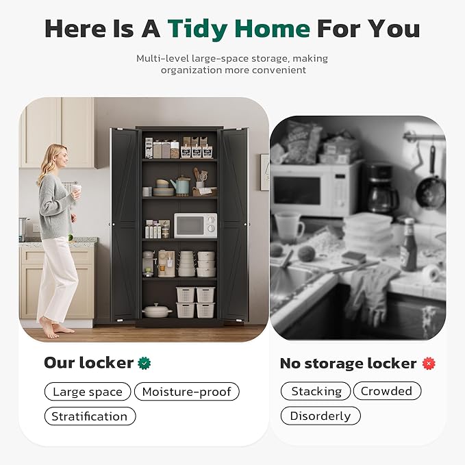 Greenvelly Metal Cabinet, 63" H Black Metal Storage Cabinet with Doors and 4 Shelves, Pantry Storage Cabinet for Kitchen, Bedroom, Living Room, Office (Farmhouse)