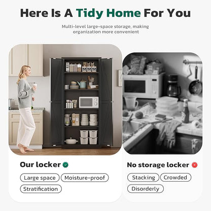 Greenvelly Metal Cabinet, 63" H Black Metal Storage Cabinet with Doors and 4 Shelves, Pantry Storage Cabinet for Kitchen, Bedroom, Living Room, Office (Farmhouse)