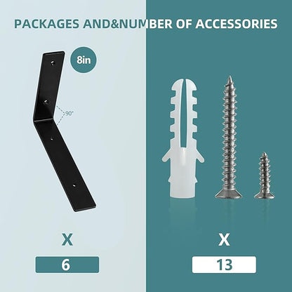 HEART ART 6 Pack Shelf Brackets 8 inch,L Brackets for Shelves,Black Heavy Duty Metal Shelf Brackets,8”x4”x1.4”