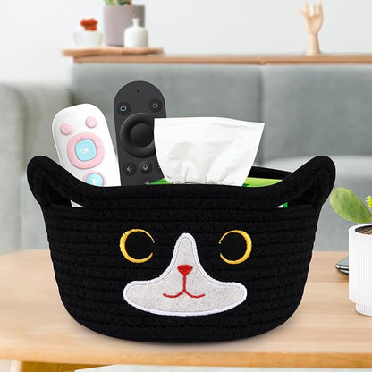 Cat Basket for Nursery, Small Storage Basket, Black Woven Rope Cotton Storage, Baby Blanket Bin with Cat Ears Handles, Animal Blanket Towel Halloween Decor Storage Bins, 8.2" x 4.7" IN