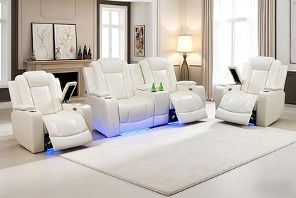 3 Pieces Reclining Living Room Set, Soft Leather Power Recliner Loveseat Chair Set, Living Room Furniture Sets with LED, Cup Holders Hidden Storage for Home/Office/Meeting Room,Creamy White