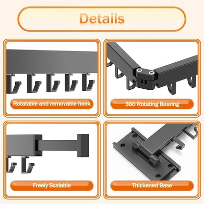 Clothes Drying Rack for Laundry,Wall Mounted Clothes Hanger Rack,Folding,Retractable,Collapsible(J Shape Hooks)