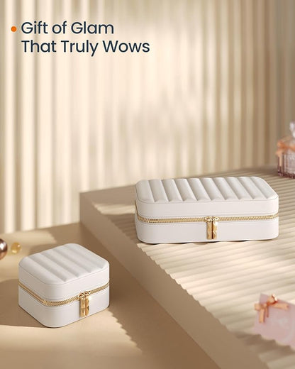 SONGMICS HOME Travel Jewelry Case, Travel Jewelry Box Organizer with Mirror, 4.1 x 8 x 2.4 Inches, Stitching, Portable, Gift Idea, Cloud White UJBC180W01