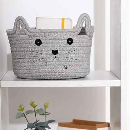 Zopeal Cat Basket Storage Woven Organizer with Ears Easter Decorative Gift Pet Toy Cute Cotton Rope Basket for Gift Cat Dog Toy Bin Nursery Room(8.3 x 4.7 Inch,Light Gray)