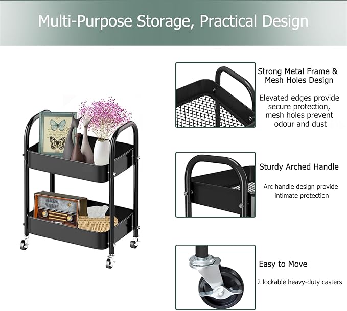 Melody House 2 Tier All-Metal Rolling Storage Cart with Handle and Locking Wheels - Kitchen, Laundry, Office, Bathroom Organizer, Black
