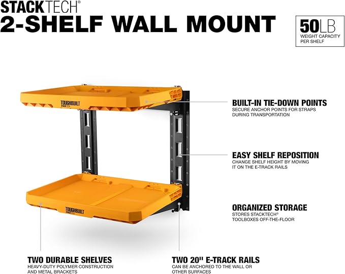 ToughBuilt 2-Shelf Storage, Wall Mounted Garage Organizer Shelves, StackTech System